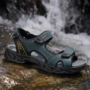 Premium leather men's outdoor hiking sandals with anti-slip rubber sole for beach and hiking