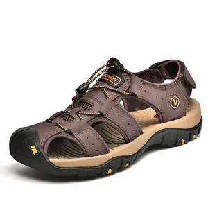 Sandales Décontractées en Cuir de Vachette de Première Couche pour Hommes Respirant Antidérapant Chaussures de Plage Bout Fermé Protecteur