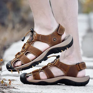 Sandales d'extérieur pour hommes en cuir avec bout fermé et semelle en caoutchouc antidérapante