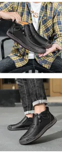Klassische schwarze Leder-Outdoor-Freizeitstiefel für Herren mit Handnähten und Reißverschluss