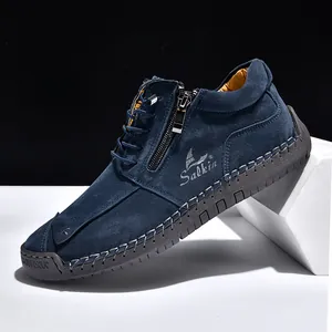 Navy blue suede hand-stitched casual boots with side zipper and comfortable flat sole