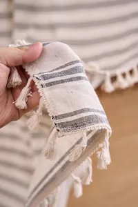 Detail of French style striped curtain fabric showing tassel fringe and woven texture