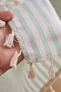 Detail view of light green striped curtain fabric with cream decorative tassels