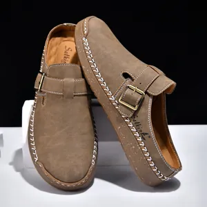Men British Style Loafers Mules PU Upper Contrast Stitching Casual Flat Shoes With Metal Buckle Daily Walking Footwear