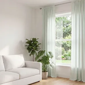 French Style Sage Green Striped Curtains With Tassels Translucent Gauze Curtain Panels Rod Pocket Grommet Top Window Treatment