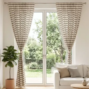 French Style Striped Tassel Curtains Rod Pocket Grommet Hook Top Semi-Transparent Polyester Cotton Blend Yarn-dyed Drapes For Living Room Bedroom Office Home Decor