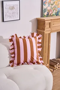 Pink and brown vertical striped velvet pillowcase with decorative ruffle edge detail