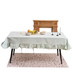 Mantel rústico de cuadros verdes y blancos con volantes y textura de lino para hogar