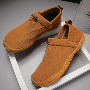 Breathable flyknit men's loafers with adjustable drawstring toggle and textured gum sole