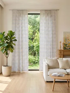 French style navy blue striped sheer curtains with elegant decorative fringe details in living room