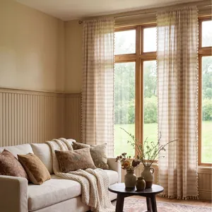 Französischer Stil Gestreifte Voile-Vorhänge mit Quastenbesatz Polyester-Baumwolle Lichtdurchlässige Vorhänge Set Für Wohnzimmer