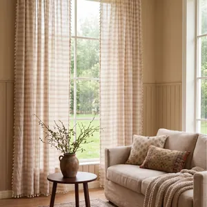Elegante beige gestreifte Voile-Vorhänge im französischen Stil mit Quastenfransen für Wohnzimmer