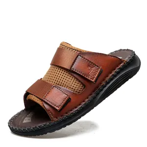 Professional brown leather summer sandals with adjustable velcro straps and mesh lining