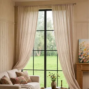 Cortinas transparentes a rayas caqui de estilo francés con elegante borde de borlas