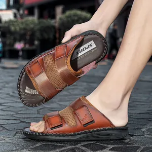 Stylish brown leather Velcro sandals for men and women, breathable outdoor beach slides