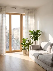 Modern minimalist blue striped curtains with decorative tassels in a bright sunlit living room