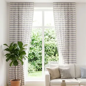 French Style Navy Blue Horizontal Striped Sheer Curtain Set With Tassels Polyester Cotton Translucent Yarn Dyed Window Treatments For Living Room
