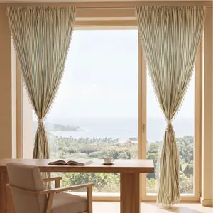 Cortinas de Ventana a Rayas Verdes y Blancas Estilo Francés Con Borlas Mezcla de Poliéster Algodón Teñido en Hilo para Sala de Estar Dormitorio