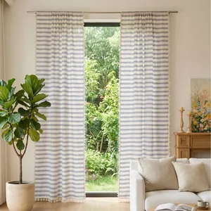 Light French style navy blue horizontal striped sheer curtains with tassels in living room