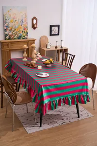 Elegant red and green striped velvet tablecloth with ruffled edges for rectangular tables