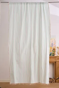 Elegant light green and white striped cotton-linen sheer curtain with side tassels