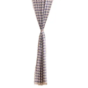 Elegant navy blue horizontal striped sheer curtain with decorative tassel fringe.