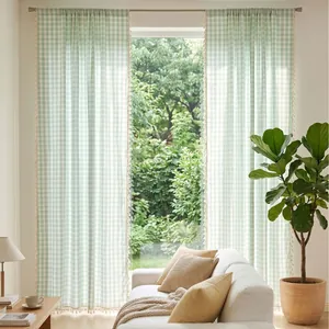 Sage green gingham cotton linen curtains with handmade tassels in French country room