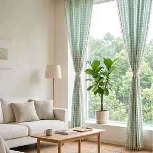 Sage green gingham cotton linen curtains with handmade tassels for French country window decor