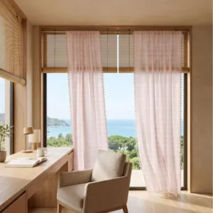 French Style Pink Striped Plaid Lace Sheer Curtains Yarn Dyed Polyester Cotton Translucent Drapes For Bedroom Living Room