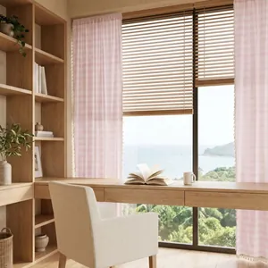 Elegant pink striped French style curtains with delicate lace trim for home interior decor