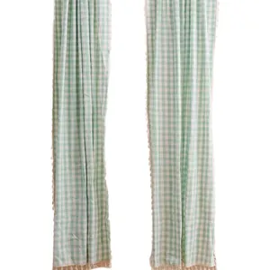 Sage green checkered cotton linen curtains with elegant handmade tassel fringe trim