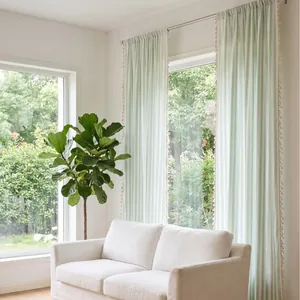 Elegant cream striped linen tassel sheer curtains for a bright living room window