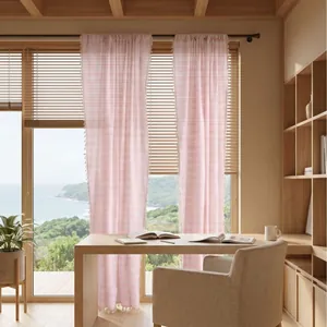 Light French style pink striped semi-transparent gauze curtains in a bright room