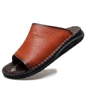 Sandales en cuir marron de qualité avec semelle souple pour les loisirs d'été, taille 50