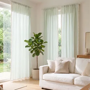 Elegant cream striped cotton linen gauze curtains with decorative tassels for living room