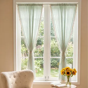 Moderne Minimalistische Salbeigrüne Gingham Vorhänge Großes Karo Lichtdurchlässig Fenstervorhänge Mit Pompon Besatz Für Wohnzimmer Schlafzimmer