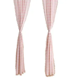 French style pink striped checkered sheer curtain set with lace tassel edges