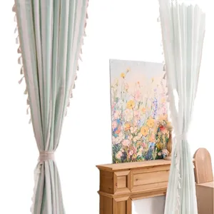 Elegant cream and green striped cotton linen sheer curtains with bohemian fringe trim
