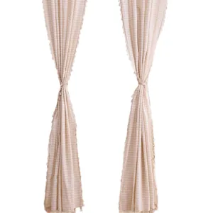 Tende a righe in cotone e lino color crema con nappe, stile boho semitrasparente