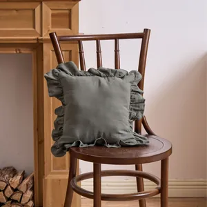 French ruffle cushion cover in sage green, chic frill pillowcase for sofa or chair decor