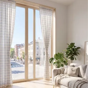 Modern striped checkered curtains with tassels for bright minimalist living room decor