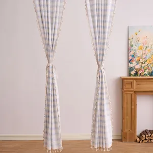 Modern blue striped checkered curtains with tassel edges in minimalist living room