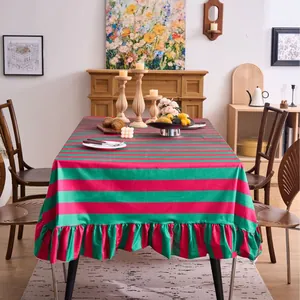 Elegant red and green striped velvet tablecloth with ruffle edge for banquet tables