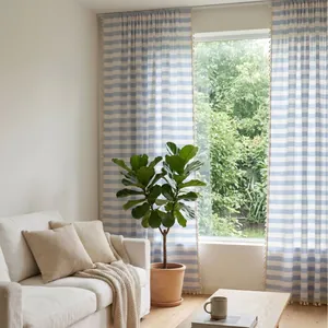 American Retro Tassel Curtain Blue White Striped Polyester Cotton Semi Blackout Living Room Window Treatment Bedroom Decor