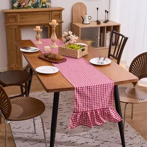 Pastoral Plaid Cotton Polyester Table Runner With Double Headed Ruffle Edges Gingham Checked Decorative Tablecloth For Dining