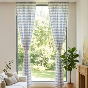 Vintage American style blue and white striped cotton linen curtains with elegant tassel fringe