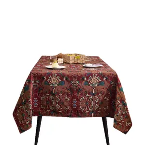 Vintage Jacquard Tischdecke in Dunkelrot für Hochzeitsbankette und Esstische Dekor