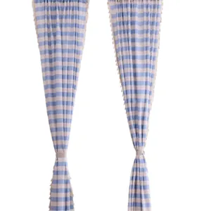 Blue and white striped cotton linen curtains with tassels for American retro home decor