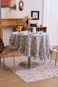 French retro round tablecloth featuring blue floral patterns and elegant ruffled lotus leaf edges