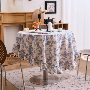 Elegant French vintage floral round tablecloth with ruffle edge for dining table decor